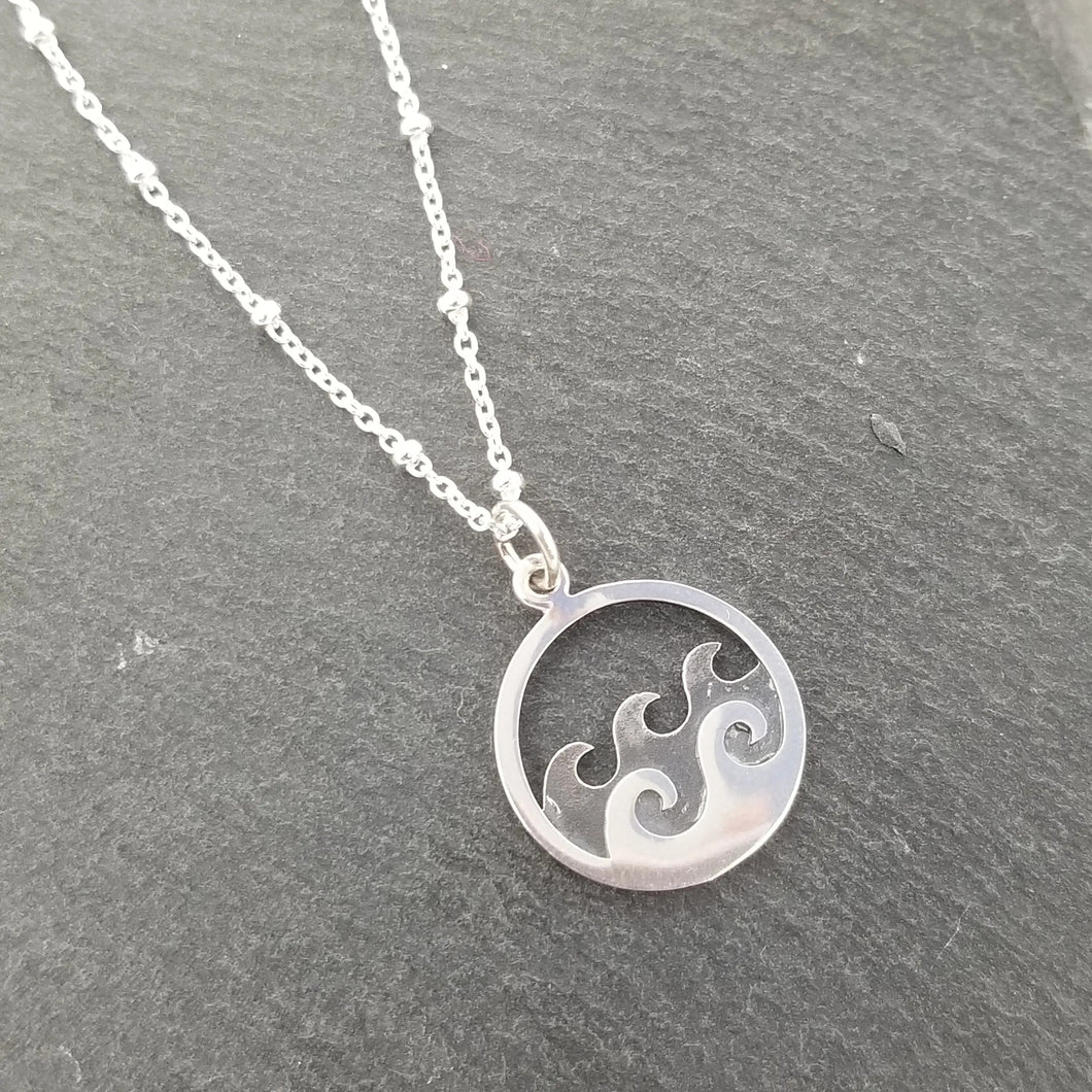 Silver Ocean Waves Pendant Circle Necklace