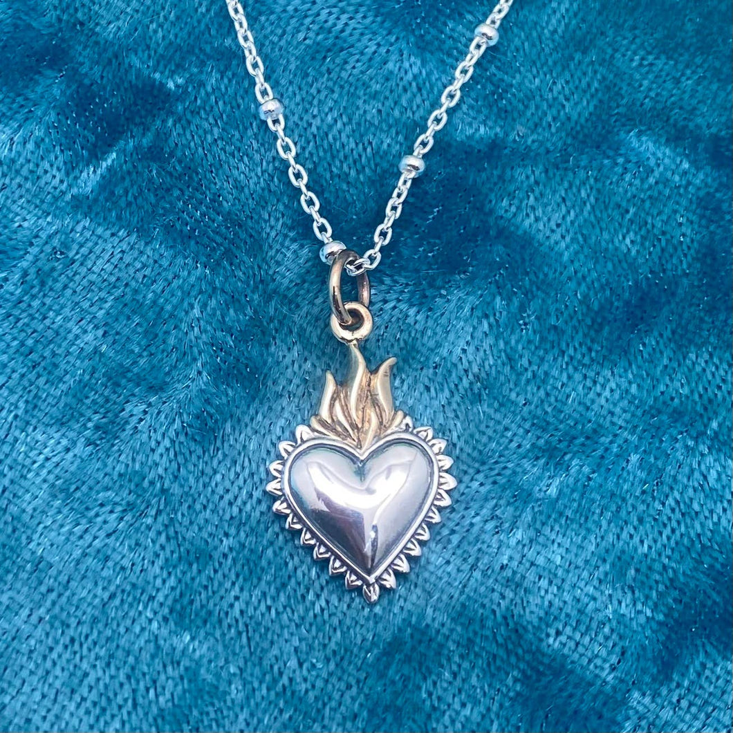 Mixed Metal Flaming Heart Pendant Necklace