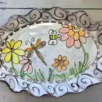 Oval Plate With Swirls, Dragonfly and Flowers