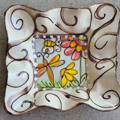 Square Condiment Bowl With Swirls, Dragonflies and Flowers