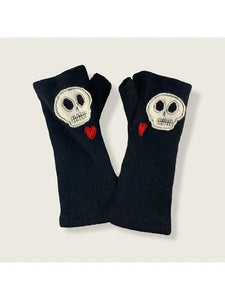 Recycled Cashmere Fingerless Gloves With Skull and Black Heart