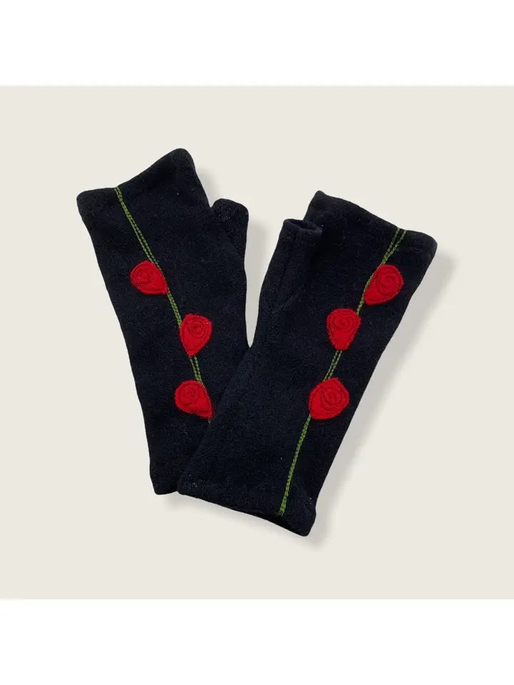 Recycled Cashmere Fingerless Gloves With Red Rosebuds