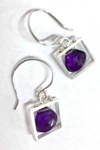 Dangle Earrings, With Amethyst in Square-framed Pendant