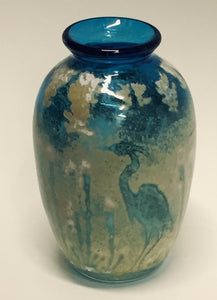 Art-glass Vase with Crane, in Watery Shades of Aqua